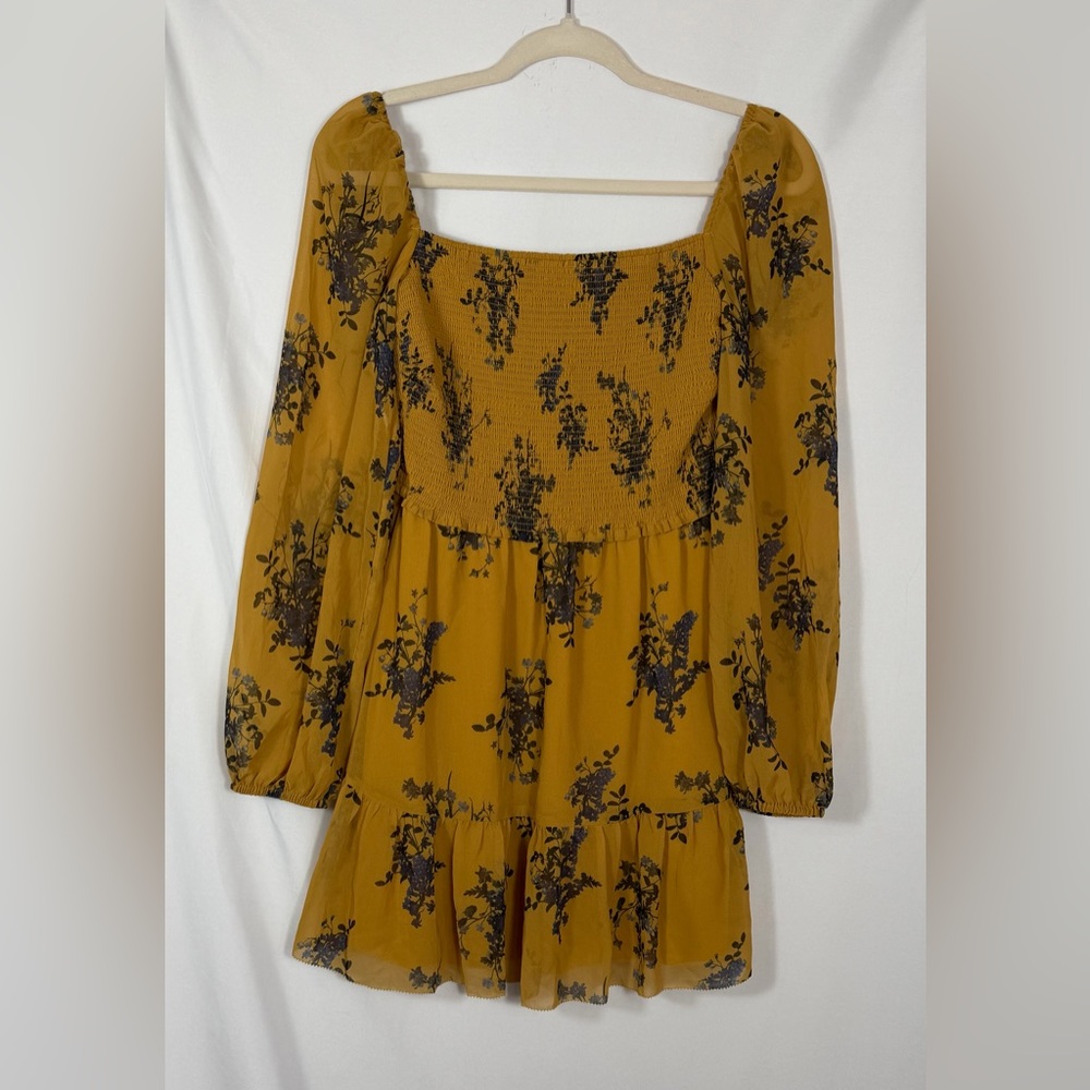 Aritzia Wilfred Tempest Smocked Long Sleeve Mini Dress In Goldie.  Size Small.